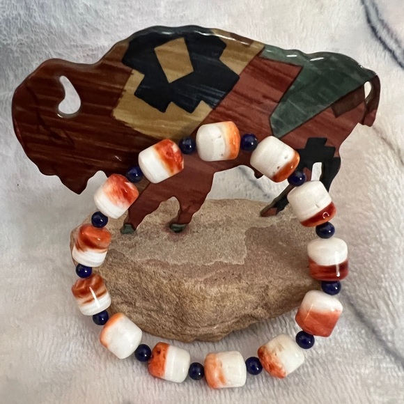 12mm Spiny Oyster & Lapis Lazuli Southwestern Stretchy Bracelet Size 5.75+ - Picture 10 of 11